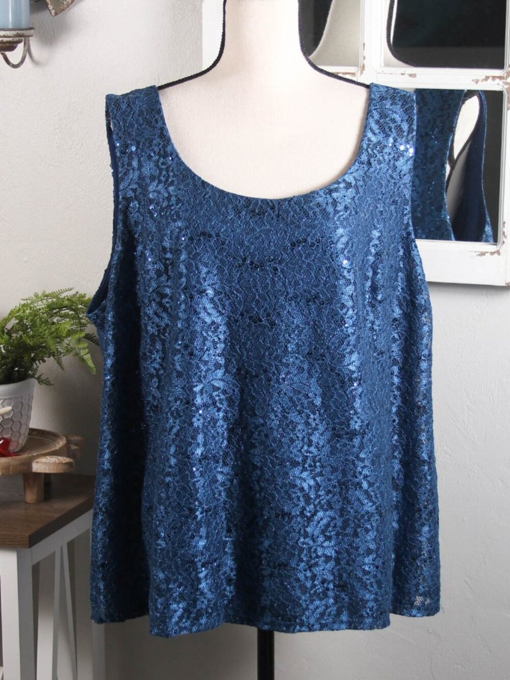 R&M Richards Women 20W Blue Sequin Lace Tank Top Lined Party Plus Size